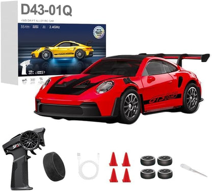 1:43 RC Drift Car 20KM/H with Gyro, 2.4G 4WD Full Proportional Alloy Sport Racing Car, Adjustable Speed, LED Lighting for Teens & Adults-D43-01 - color: Q2/Red