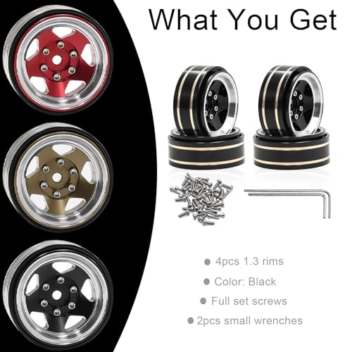 1.3 Beadlock Wheel - Aluminum & Brass Wheel Rims for TRX4M SCX24 1/18 1/24 | Brass Negative Offset 1.3” Wheel Hub Width 15mm OD 37mm with 7mm Hex Fit FMS Ascent-18 RC Car Off Road Tire, 4pcs (Black) - color: Black
