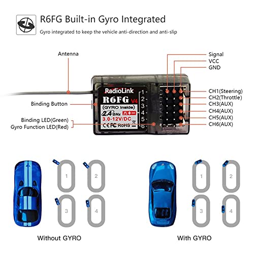 Radiolink R6FG 6 Channels 2.4GHz RC Receiver with Gyro, Ground Long Range Control RX for Vehicle Drifting/Crawler/Truck/Boat Works with Surface Radio Controller RC4GS/RC6GS/T8FB