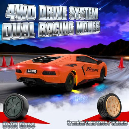 RC Drift Car, 1/43 Mini RC Drift Car with Gyro, 2.4GHz Full Proportional Control, 20KM/H 4WD High Speed Remote Control Alloy, LED Lights & Drift Tires, Toys Gift for Adults, Boys and Girls - color: Orange