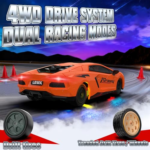 RC Drift Car, 1/43 Mini RC Drift Car with Gyro, 2.4GHz Full Proportional Control, 20KM/H 4WD High Speed Remote Control Alloy, LED Lights & Drift Tires, Toys Gift for Adults, Boys and Girls - color: Orange