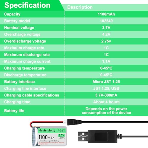 2PCS 3.7V 1100mAh Li Battery with USB Charger Cable 102540 1S LiPo Battery with Protection Board Insulated Rubber Tape and Micro JST 1.25 Plug for Arduino ESP32 Module Board Drone RC Car