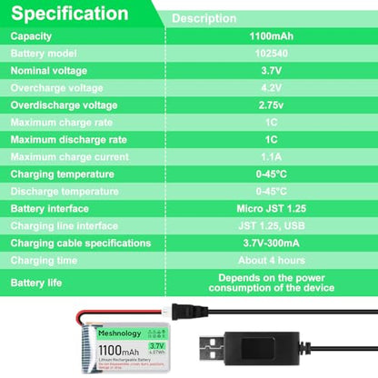 2PCS 3.7V 1100mAh Li Battery with USB Charger Cable 102540 1S LiPo Battery with Protection Board Insulated Rubber Tape and Micro JST 1.25 Plug for Arduino ESP32 Module Board Drone RC Car