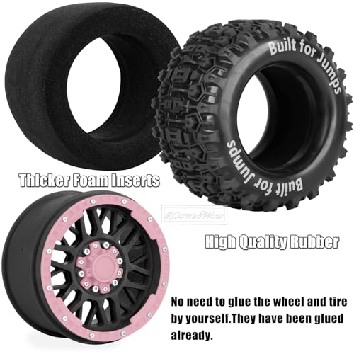 1/8 1/10 17mm Hex RC Truck Tires,Wheels and Tires for 1/10 E-Revo T-Maxx Summit,1/8 Kraton Outcast 6S,Sledge,Buggy Rubber Tyres and Rims w/Foam Insert for RC Off-Road Car,Black-Pink - color: Navy Blue&pink(4pcs)
