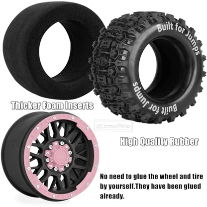 1/8 1/10 17mm Hex RC Truck Tires,Wheels and Tires for 1/10 E-Revo T-Maxx Summit,1/8 Kraton Outcast 6S,Sledge,Buggy Rubber Tyres and Rims w/Foam Insert for RC Off-Road Car,Black-Pink - color: Navy Blue&pink(4pcs)