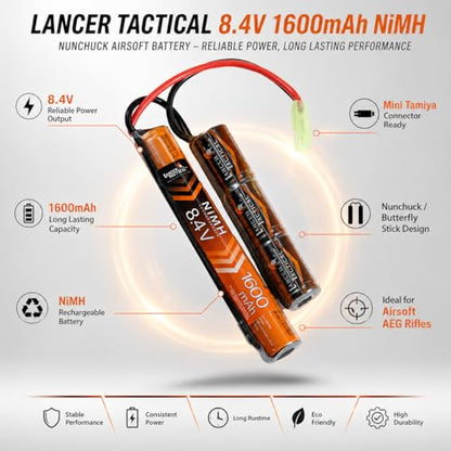 Lancer Tactical 8.4V 1600mAh NiMH Nunchuck Airsoft Battery, Stick/Butterfly Pack with Mini Tamiya Connector