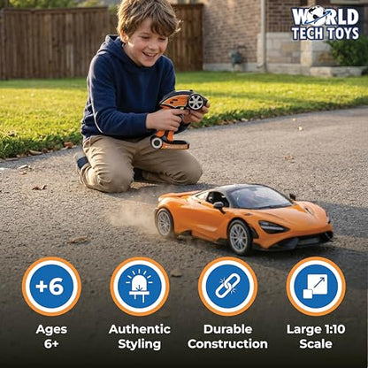 World Tech Toys McLaren 765LT 1:10 RTR Electric RC Car – Officially Licensed McLaren – 2.4GHz Full Function Remote Control with Rechargeable Battery – 16" L x 7.5" W x 4" H – Kids 6+