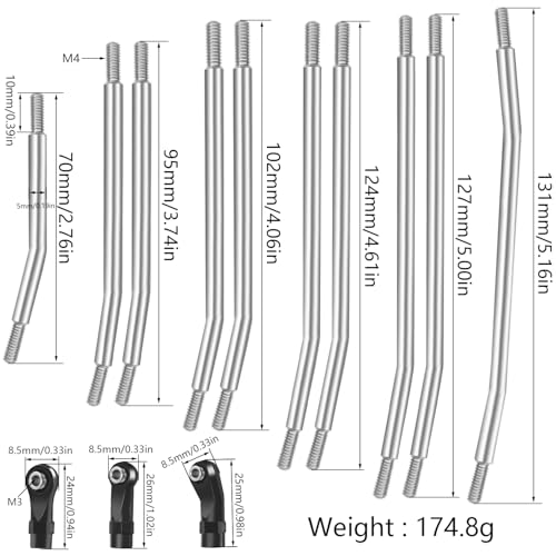 313mm/324mm Metal Link Set Linkage Steering Rod with Nylon End Kit for 1/10 RC Crawler Car Compliable with Axial SCX10 SCX10II 90046 (313mm)