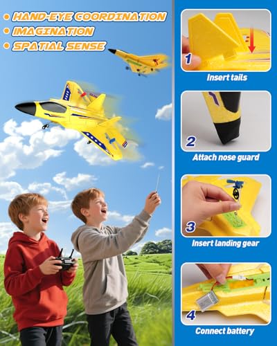ANTSIR F22 RC Plane Easy to Fly Foam Jet Toy Gift for Kids Beginner, Yellow | 2.4GHz, 2CH, Gyro Stabilizer, LED Light, 2 Rechargeable Batteries, Boys 1th RC Glider - color: Yellow F22-2 Batteries Kf