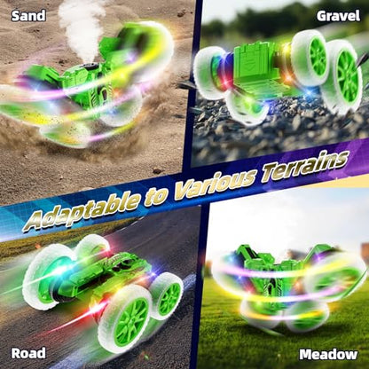 Terucle 360°Rotating Remote Control Car, 4WD RC Cars with Cool Spray, 2.4Ghz Double Sided RC Stunt Truck for 6-13 Year Old Boy Toys Birthday Gift