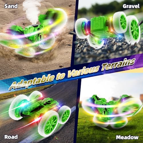 Terucle 360°Rotating Remote Control Car, 4WD RC Cars with Cool Spray, 2.4Ghz Double Sided RC Stunt Truck for 6-13 Year Old Boy Toys Birthday Gift