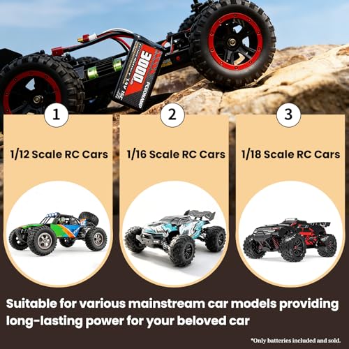 2S 7.4V 3000mAh 15C Rechargeable Li-ion Battery, T-Plug | Fits 1/12 1/16 1/18 4WD RC Car (70x38x18mm). 2 charge cables. Lightweight Li-ion, 40+ min runtime. UN38.3 & UL2054 certified.