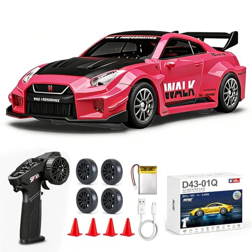1/43 Scale RC Drift Car, Mini GTR35 RC Model Car 2.4GHz 4WD RC Alloy D43 Vehicles with Gyro & LED Lights for Adults Hobby Toys (Red) - color: Gtr-red