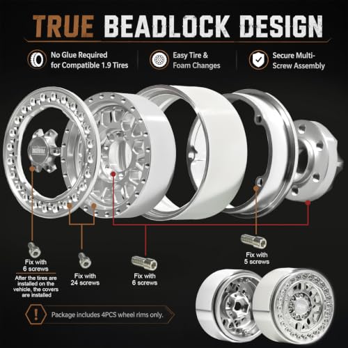 4PCS 1.9" RC Beadlock Wheels with12mm Hex & -6mm Offset Aluminum 30mm Wide Rims for 1/10 RC Crawler, Compatible with TRX4 TRX6 SCX10 SCX10 II III Gen8 RC4WD D90 90046 AXI03007 - color: Silver-Silver