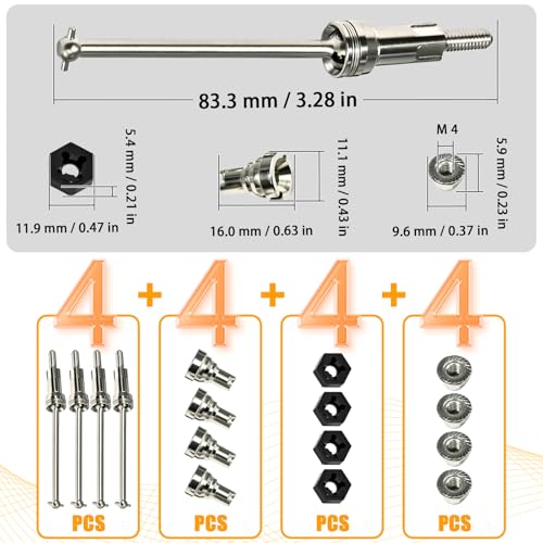 Hardened Steel CVD Driveshaft Front Rear with Hexs, Nuts, Drive Center Cup, Drivershaft Dogbone CVD Compatible with ARRMA 1/18 Mojave Granite GROM ARA2102, Replace #ARA311198 (Silver,Black) - color: Silver-black
