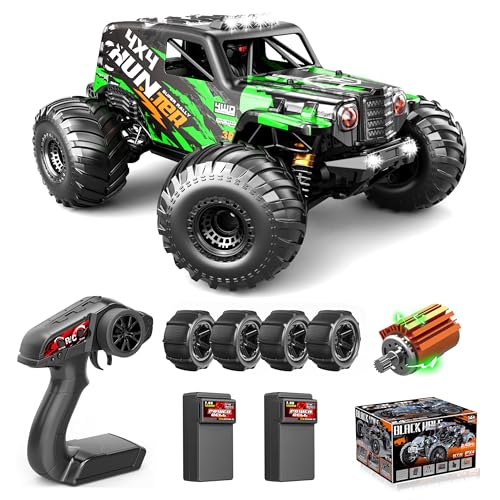 RC Cars 1:14 Scale 4WD Off-Road Monster Truck Rc, 40+ KM/H 4X4 Waterproof ESC Remote Control Car with Dual 7.4V 1300mAh Batteries, Extra Paddle Tires & Full Roll-Cage Frame for Adults & Boys