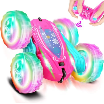 FREE TO FLY Remote Control Car for Girls : Pink RC Car Double Sided 360°Flip Stunt Cars with Headlights & WheelLights Rechargeable Toy Car Birthday Gifts for Girl Kids Age 6 7 8 9 10 11 12 Year Old - color: Pink Rose