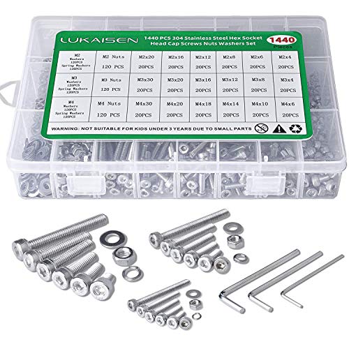 1440 Pcs M2 M3 M4 Hex Socket Head Screws Nuts Washers Kit, SS304 | Anti-Rust, With Flat Washers Spring Washers Bolts Assortment Kit with 3 Wrench, for Precision Machinery, 3D Printing & DIY - size: SS M2 M3 M4 1440pcs 3