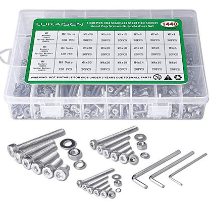 1440 Pcs M2 M3 M4 Hex Socket Head Screws Nuts Washers Kit, SS304 | Anti-Rust, With Flat Washers Spring Washers Bolts Assortment Kit with 3 Wrench, for Precision Machinery, 3D Printing & DIY - size: SS M2 M3 M4 1440pcs 3