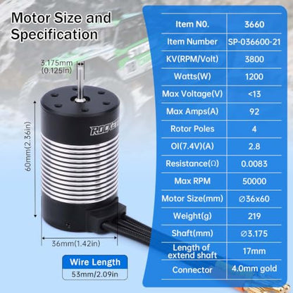 Surpass Hobby 3660 4300kv brushless Motor for 1/10 RC Car Big feet | 4 Pole Shaft 3.175mm RC Motor, 2S Lipo IP67 Waterproof RC Car Motor - style: KK3660 Motor 4300KV