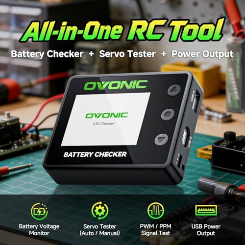 OVONIC C30 Battery Checker with Servo Tester, 1-8S LiPo LiHV Life Li-Ion Battery Voltage Tester, PWM/PPM Signal Test, USB-C 30W & USB-A 22.5W Power Output, Cell Balancer