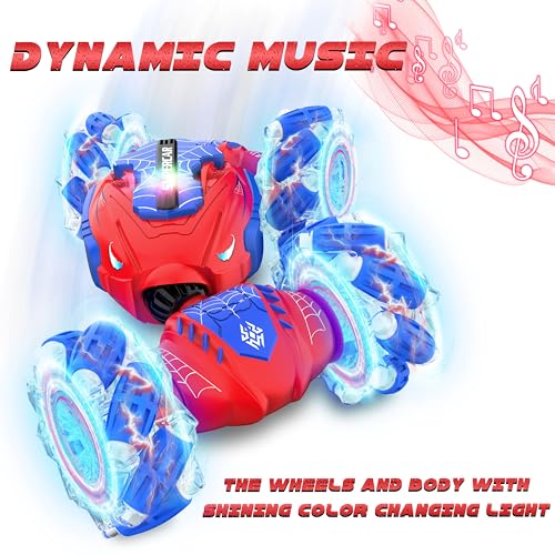 Gesture Sensing RC Stunt Car, Hand Controlled Remote Control Twist Cars | 4WD Remote Control Car with Lights, Music & Spinning Stunt, Birthday Toy Gift for Kids Boys Girls Age 6 7 8 9 10 11 12 - color: Red Blue