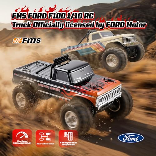 FMS 1/10 Ford F-100 Brushless RC Truck, 1973 Licensed RC Car for Adults, 55KM/H High Speed 2WD RC Crawler, Hobbywing 60A ESC & 3652 Motor, All-Metal Gears & Steel CVD Drive Shafts, RS (Blue/Green) - color: Navy Blue