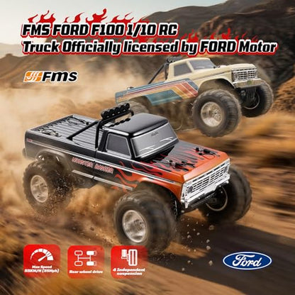 FMS 1/10 Ford F-100 Brushless RC Truck, 1973 Licensed RC Car for Adults, 55KM/H High Speed 2WD RC Crawler, Hobbywing 60A ESC & 3652 Motor, All-Metal Gears & Steel CVD Drive Shafts, RS (Blue/Green) - color: Navy Blue