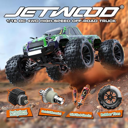 1/16 RC Car for Boys and Adults, 38kph 4WD Ready to Run Hobby RC Truck with 2 Batteries, Off Road Remote Control Monster Truck Gifts for Kids, JC16W