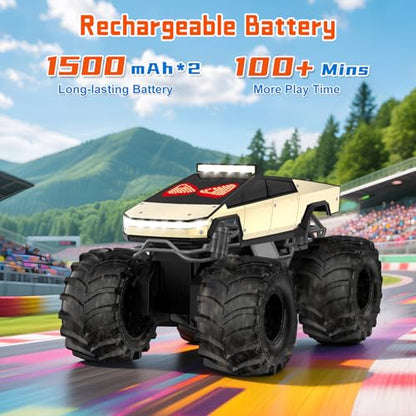 Amphibious Monster Truck with LED Eyes, 1:18 Rechargeable Remote Control Car, 2.4 GHz Waterproof RC Cars Toy Truck, 4WD All Terrain Off-Road Pickup, Toys for 6+ Year Old Kids Christmas Birthday Gifts - color: Light Gold