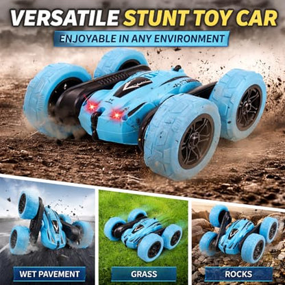 Remote Control Car for Kids, 360° Rotating Stunt Car, Double-Sided Driving, 2.4GHz RC Car with LED Headlights, Rechargeable All Terrain Toy, Extra 4 Green Wheels, Gift for Boys Girls Ages 4-8 6-12 - color: Blue+extra 4 Green Wheels