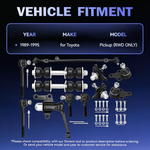 IRONTEK 12PC Set Front Suspension Kit for Toyota Pickup 1989-1995, RWD ONLY | Tie Rod Ends Ball Joints Sway Bar Links Center Link Idler Arm Replace ES2374 ES2376 K9223 K9343 K9645 K9647 DS1060