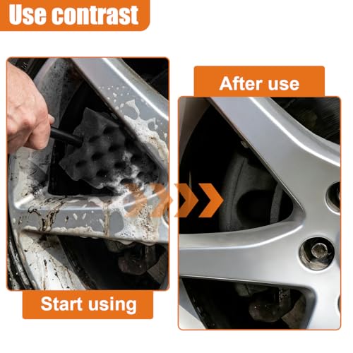 Craedli Soft Foam Wheel Brush, Car Detailing Rim Cleaner Tool (Black) | Non-Scratch Wavy Sponge Head, Long-Reach Wheel Scrubber Brush, Ergonomic Grip Handle, Versatile Deep Cleaning Application - color: Black