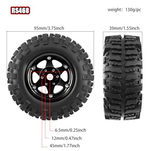 REDSPIDER 4PCS 1.9" RC Crawler Tires Mud Slingers (OD 95mm/3.75") & Beadlock Wheels, Deep Dish -10.4mm Negative Offset Rim for 1/12 MJX H12Y, MN128, MN82S, (Black) - color: Black