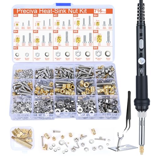 Preciva Threaded Inserts Set, 716Pcs Heat Set Inserts Nuts Bolts with M2 M3 M4 M5 M6 Insert-Tip, 60W Soldering Iron and Holder, for 3D Printer Parts or Plastic Parts