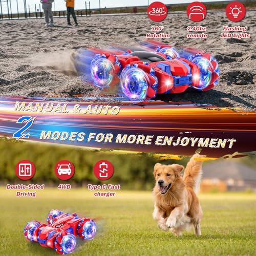 Spider Remote Control Car Headlight Double Sided Off-Road 360° Rotating Car | 2.4Ghz Rechargeable RC Stunt Car 4WD RC Drift Stunt Car for Boys Indoor Outdoor Toys 4-6 5-7 8-13 - color: Single Control Red