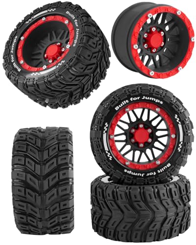 RC Wheels and Tires for 1/16 Scale,RCarmubWow Plastic Rim Rubber Tires for 1/16 Summit E-Revo Gorgon Grom,Mini Kraton 3S, M-J-X16207-16210, H-B-X16889 16890,S-C-Y16101-16106 RC Truck,Black&Red - color: Black W/Red(4pcs)