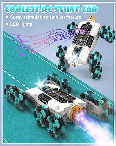 Gesture Sensing Stunt Rc Cars, 2.4Ghz 8Wd Rechargeable Racing Drift Double-Sided Car, Hand Remote Control Crawler Toy for Boys 8 9 10 11 12 Year Old, Christmas Birthday Party Present for Kids - style: Car White