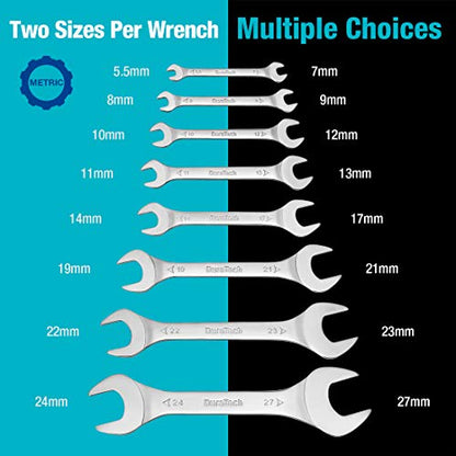 DURATECH Super-Thin Open End Wrench Set, 8-Piece, Metric | Slim Wrench Set, 5.5, 7, 8, 9, 10, 11, 12, 13, 14, 17, 19, 21, 22, 23, 24, 27 mm, Mirror Polished, Rolling Pouch - color: Silver, size: Metric