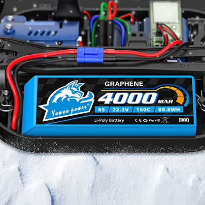 Yowoo 2 Pack 6S 22.2V 4000mAh 150C Graphene LiPo Battery EC5 | Fits Goblin, Align, Gaui helis, RC airplanes, cars, trucks, tanks and drones