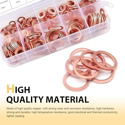 200 PCS Assorted Sizes Copper Washer Kit, Solid Metric Crush Washers for Oil Drain Plug & Banjo Bolt Seal, Universal Gasket Set for Cars, Trucks, Motorcycles, ATVs