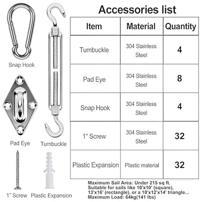 yofit 80Pcs Shade Sail Hardware Kit 6 inch for Triangle Rectangle Sun Shade | Sun Shade Hardware Kit, 304 Grade Stainless Steel Turnbuckles & Brackets for Outdoor Patio Shade Canopy Tarp - size: 6 inch 80 pcs