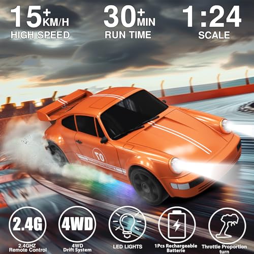RC Drift Car 1:24 Remote Control Car 4WD 15KM/H High Speed Racing Sport Car with LED Lights RC Cars Toy for Kids Boys Girls Adults Gifts Birthday Christmas - color: Orange