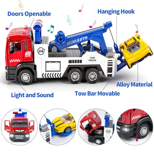 Diecast Tow Truck Toy, Pull Back Vehicle with 2 Mini Cars for Boys | Carrier Trucks Toys with Lights & Sound, Metal Tow Truck and Trailer for Kids Toddlers Age 3 4-7 8 9 Years Old - style: Tow Truck