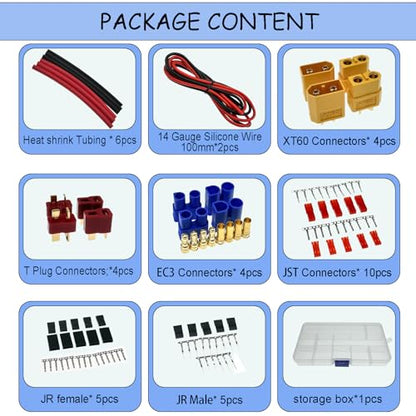 104pcs T-Plug EC3 XT60 Male Female Connector Adapters & Servo Plug Male Female Connector Crimp Pin Cable Kit +14AWG Silicone Wire for RC Battery Charger ESC Motor Accessories