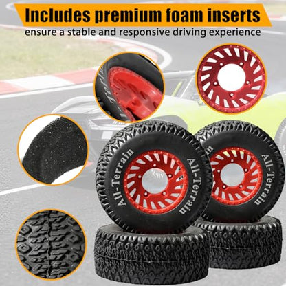 1/10 RC Short Course Truck Tire and Wheel - 12mm/17mm Hex, Red | All-Terrain Tires and Nylon Wheels Compatible with 1/10 Traxxas Slash 4WD 2WD Arrma Senton Axial Losi Redcat RC Buggy, 4-Pack - color: Red