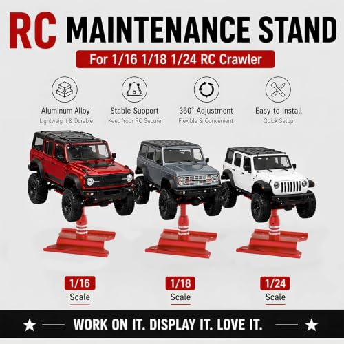 RC Car Repair Stand for 1/18 1/24 RC Cars, Aluminum Rotating Lift | Aluminum alloy, 360 degree rotating lift with magnetic pad, scale ruler, shock holes and anti-slip feet - color: Red