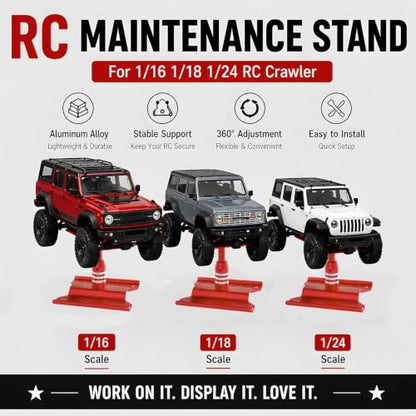 RC Car Repair Stand for 1/18 1/24 RC Cars, Aluminum Rotating Lift | Aluminum alloy, 360 degree rotating lift with magnetic pad, scale ruler, shock holes and anti-slip feet - color: Red