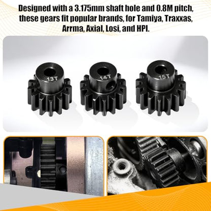0.8M Pinion Gear Set Hardened Steel 3.175mm Shaft 13T 14T 15T Pinion Gears with Screws and Hex for Tamiya, Traxxas, Arrma, Axial, Losi, HPI 1/10 RC Car Brushless Brush Motor Upgrade - size: 13 14 15T