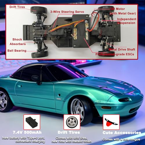 Miata RC Drift Car LDRC LD1804 1/18 RWD with 3 Batteries (Blue) | 2.4GHz LDRC 1804 RWD Drifting Adults with ESP Gyro Pop-up Light (Blue) - color: Miata Blue With 3 Batteries